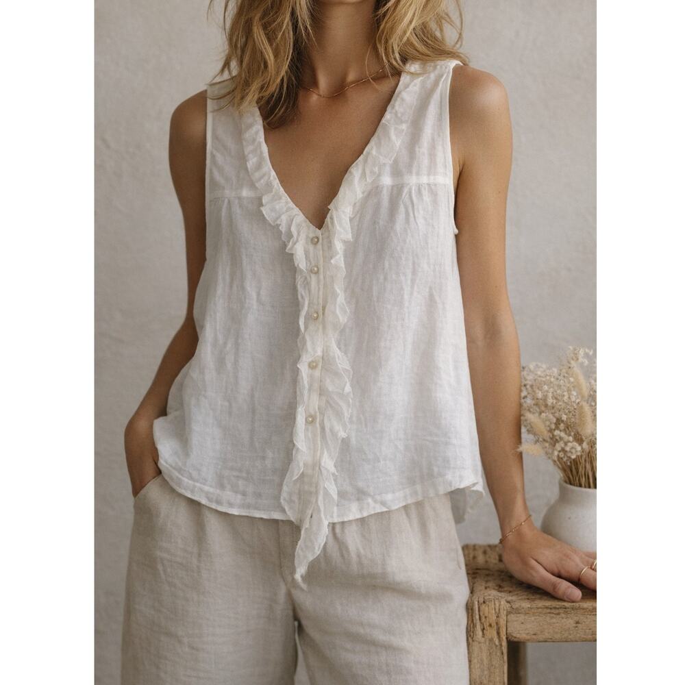 Vintage 1990s Cotelac White Gauze Ruffle Tank French Archive Blouse FR 40 US 8
